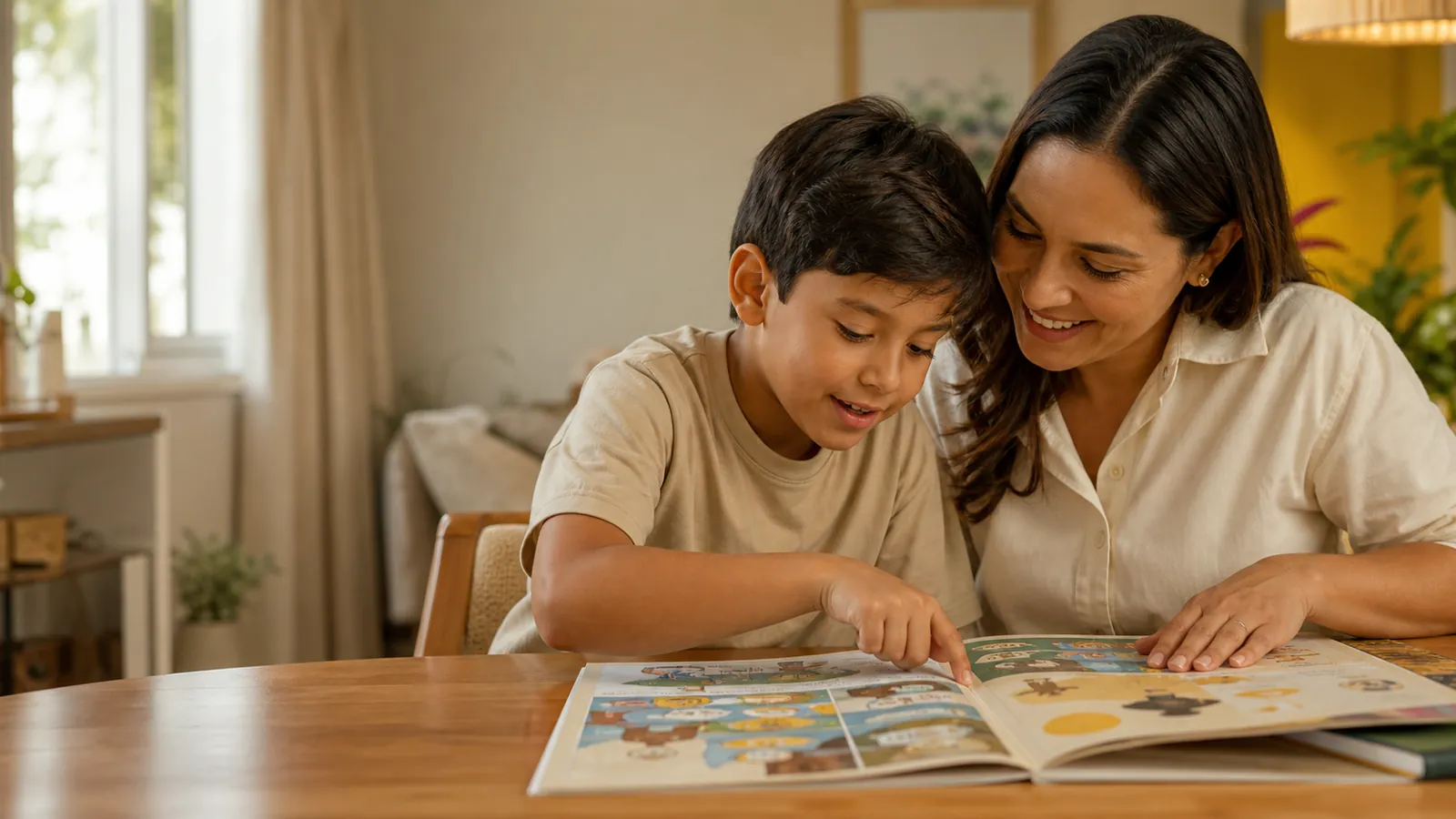 Criança estudando inglês com o livro Sparkle aberto sobre a mesa