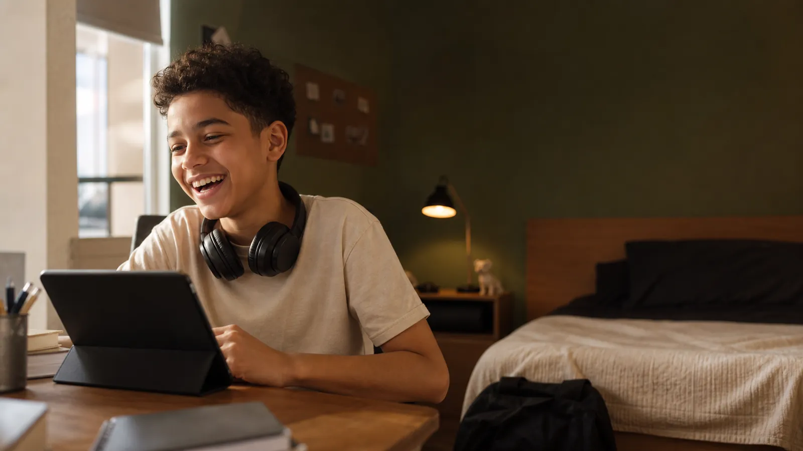 Adolescente estudando inglês de fone, com o livro Tune ao lado