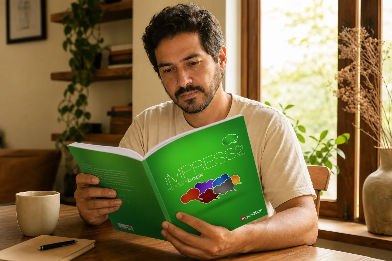 Aluno estudando com o livro Impress