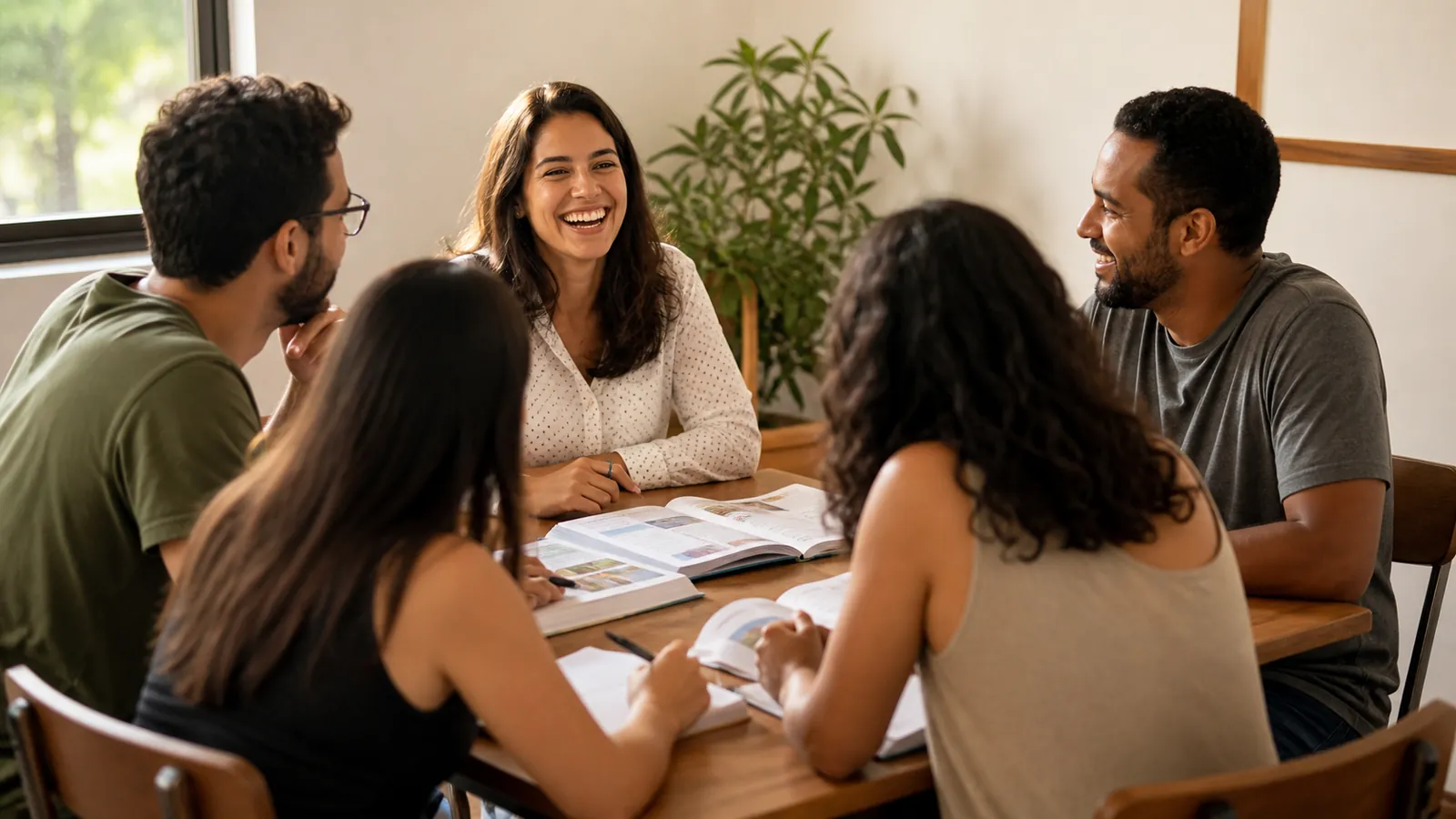 Turma de inglês presencial em aula, com livros abertos sobre a mesa