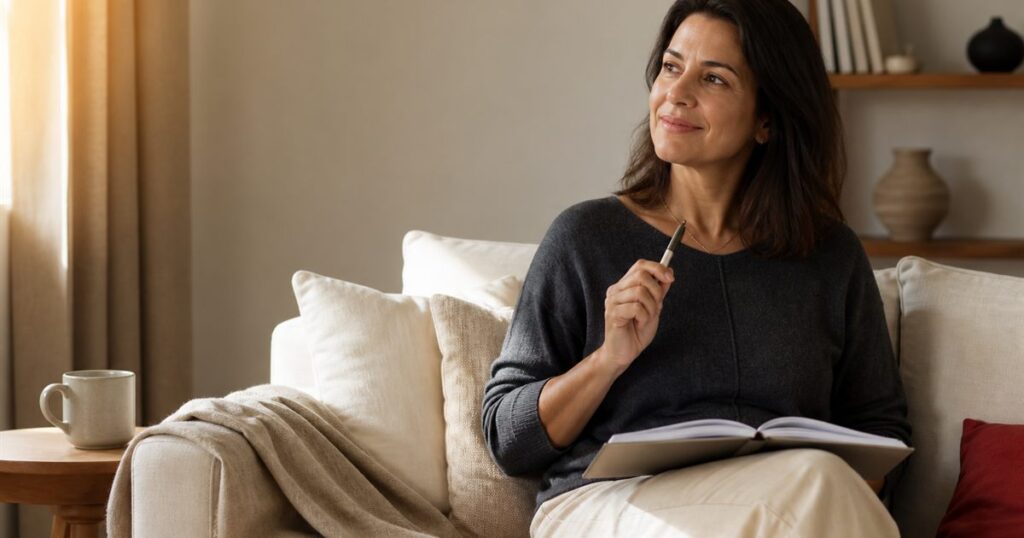 Mulher estudando no sofa de casa com um caderno aberto no colo e uma caneta na mao, olhando para a janela