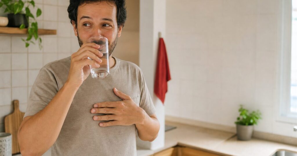 Homem bebendo um copo de agua em pe na cozinha, com a mao no peito, com solucos